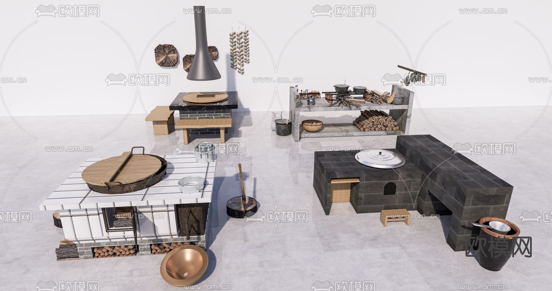 中式乡村 土灶台 柴火灶 农具su模型下载（渲染图1）