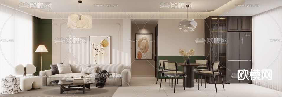 法式客厅 餐厅3d模型下载(渲染图1)