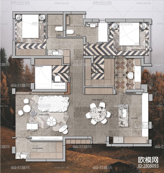 大平層CAD施工圖下載(渲染圖6)
