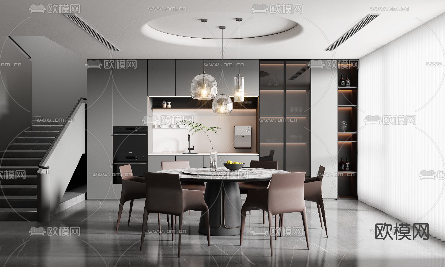 高级灰餐厅3d模型下载（渲染图1）