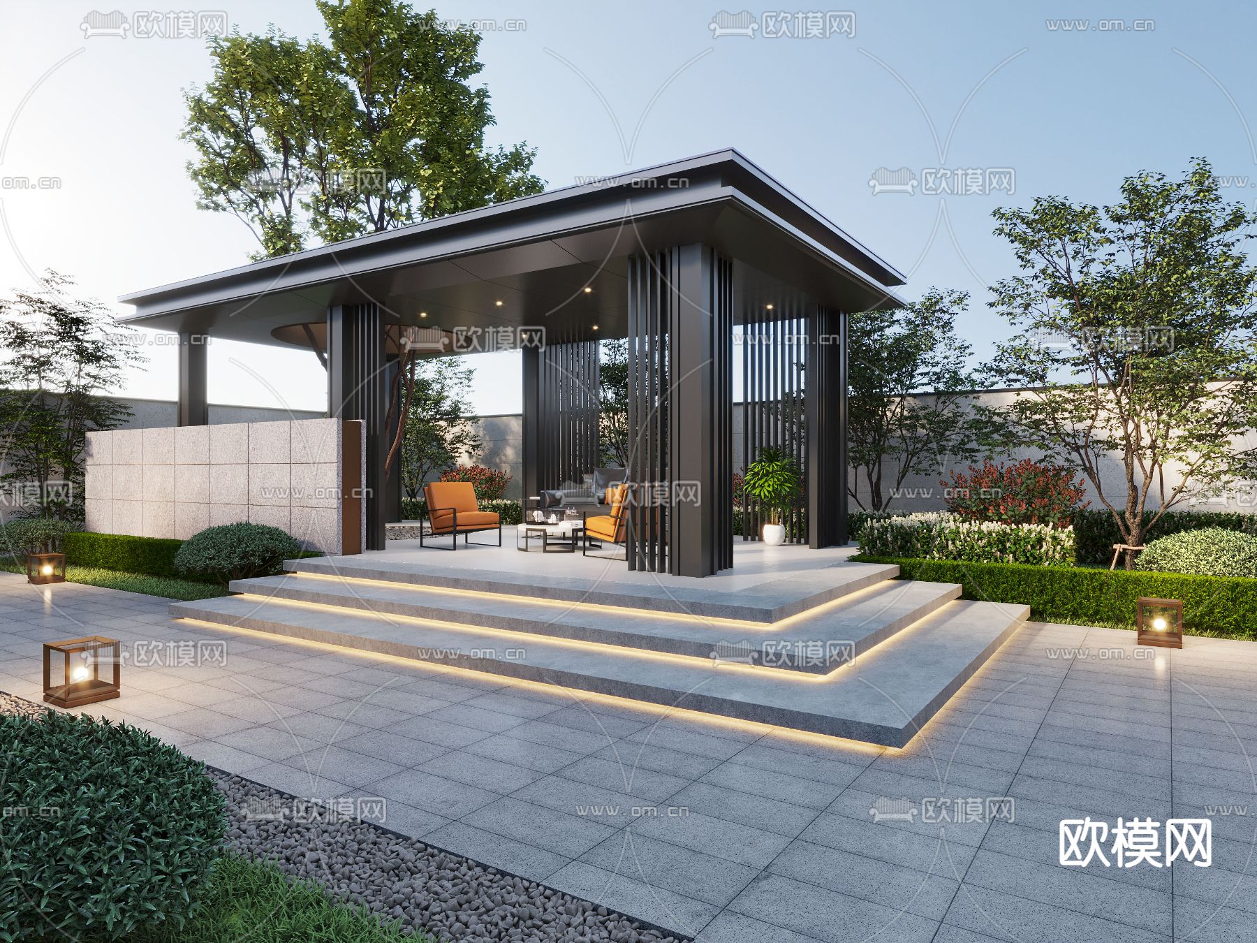新中式庭院景观su模型下载（渲染图1）