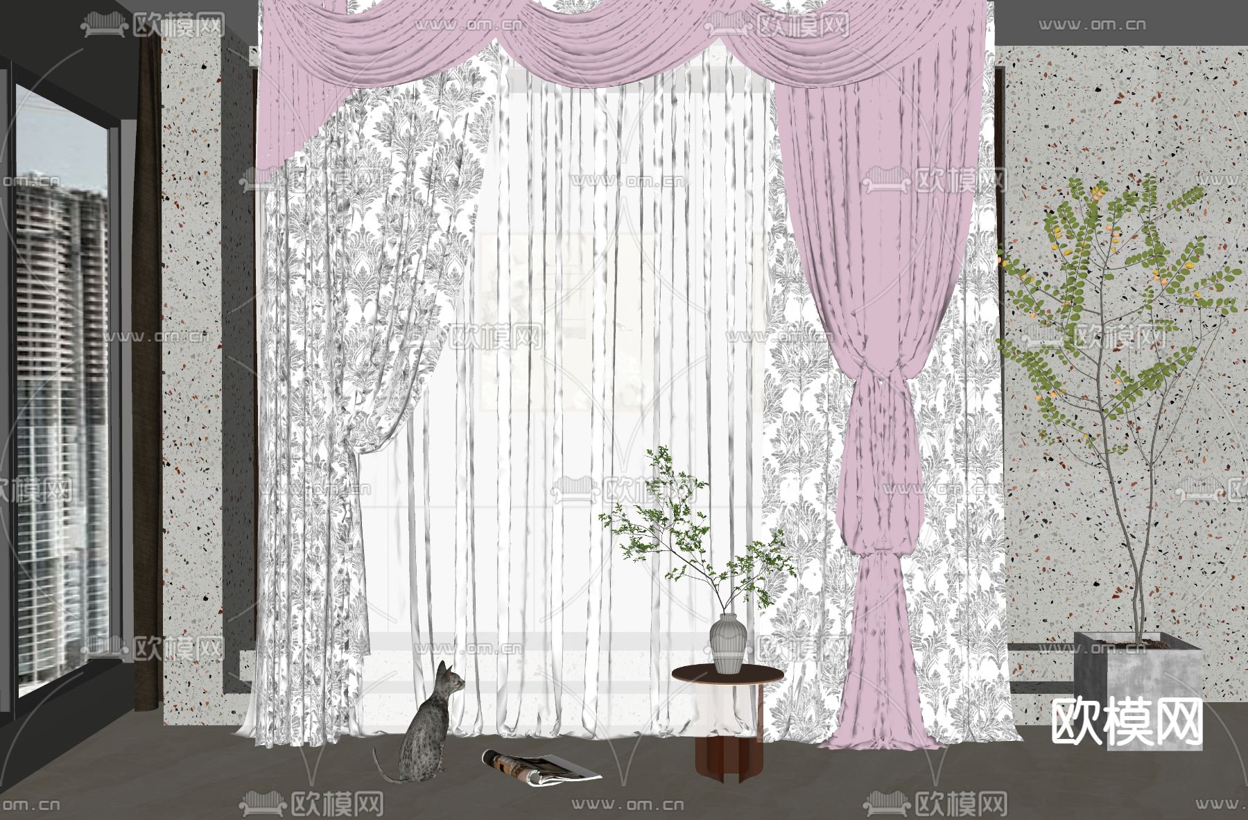 简欧窗帘su模型下载（渲染图2）