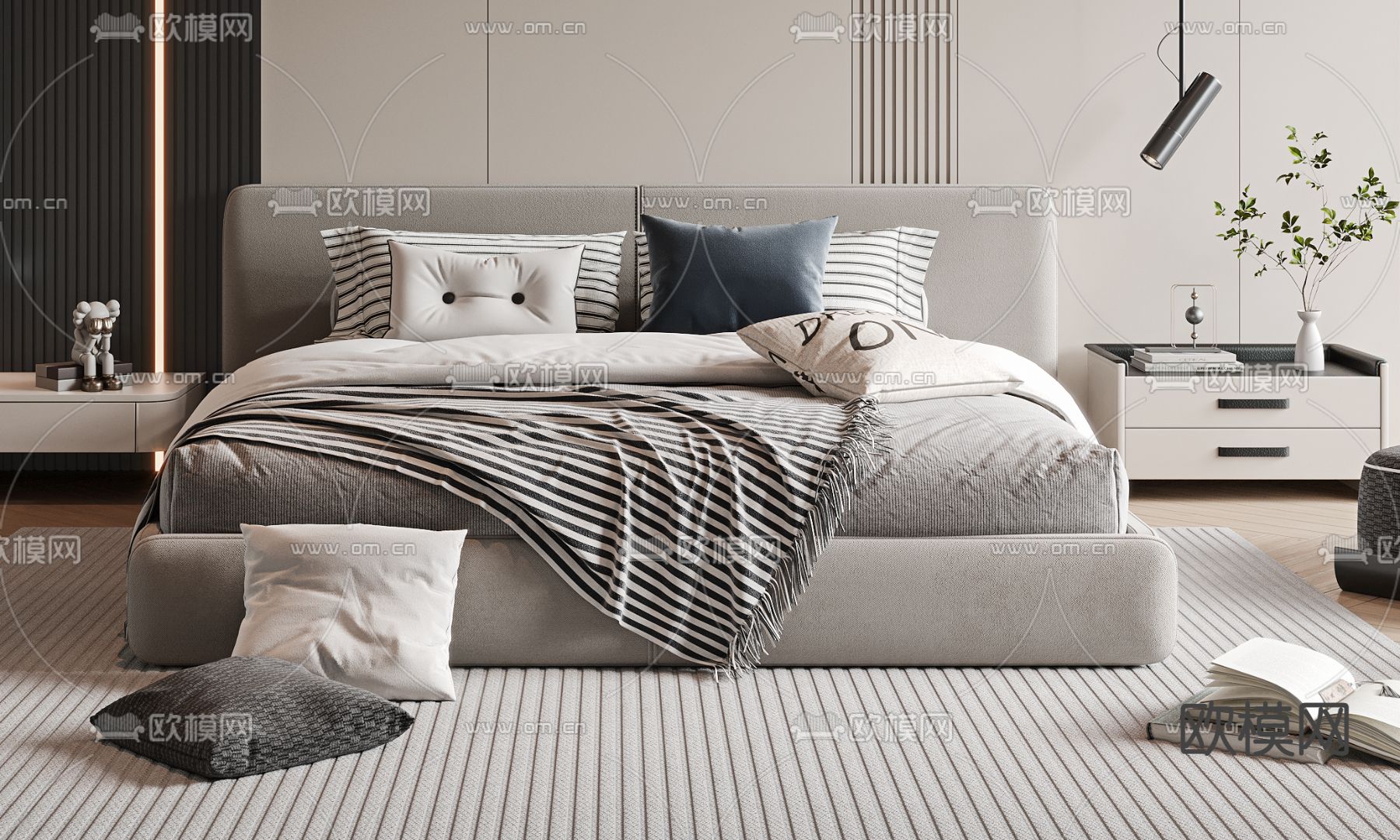现代双人床su模型下载（渲染图1）