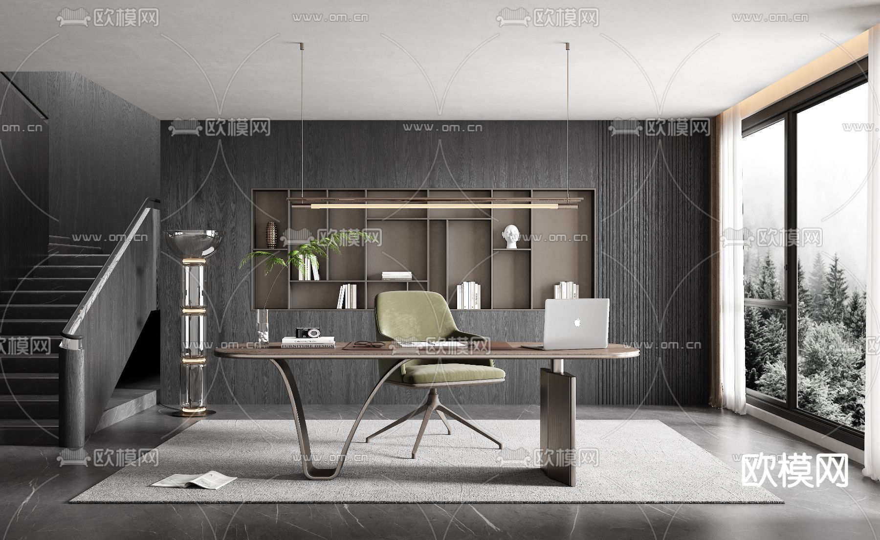 高级灰书房3d模型下载（渲染图1）