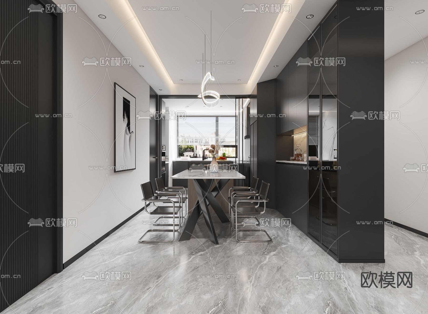 高级灰客餐厅3d模型下载（渲染图2）