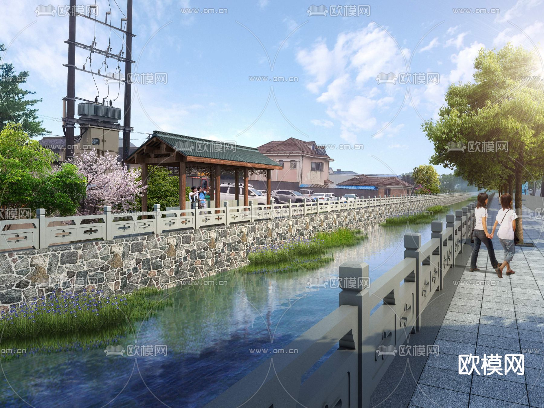 河涌整治 长廊 廊架psd下载