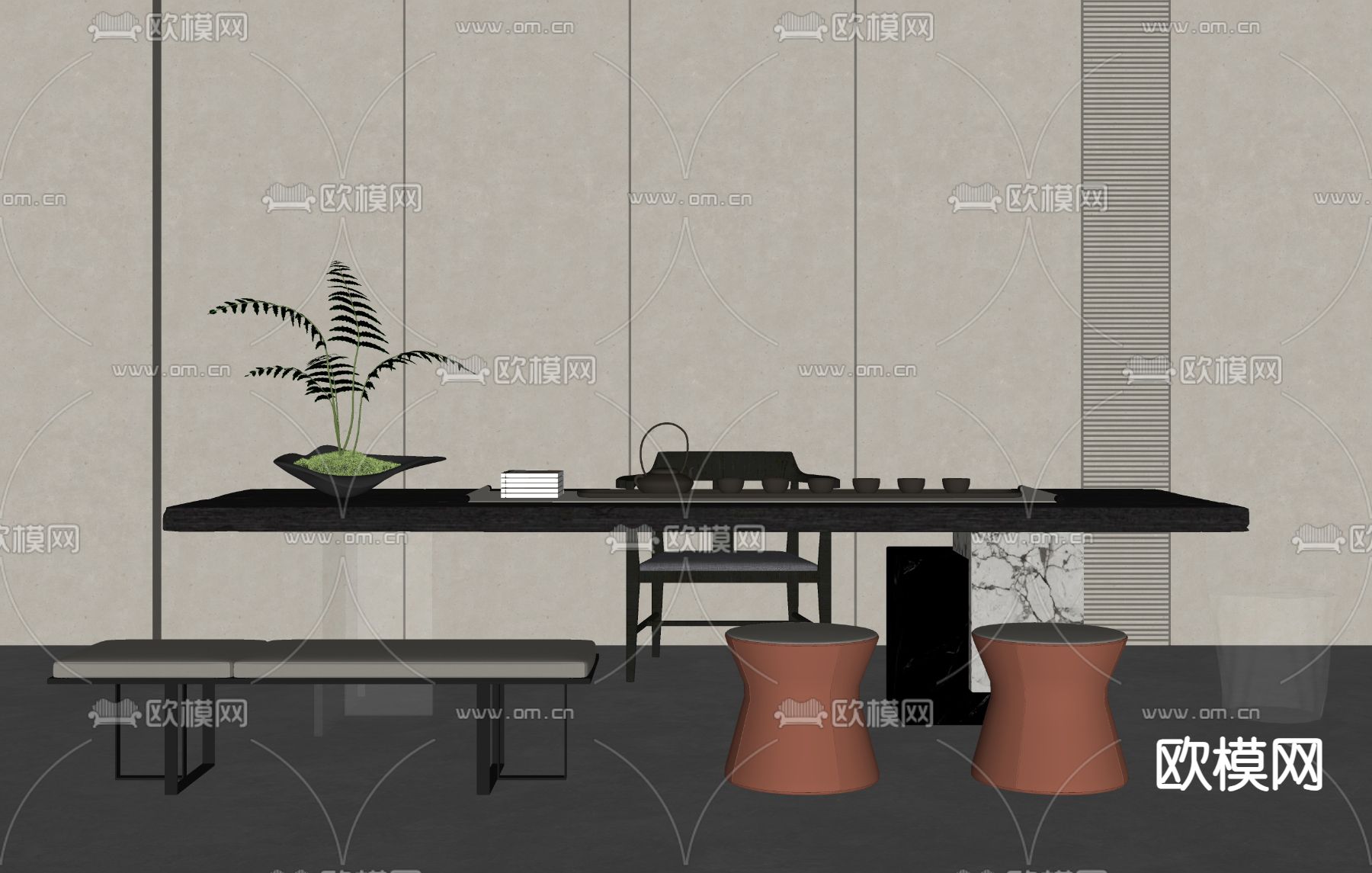 现代茶桌 茶台su模型下载（渲染图2）