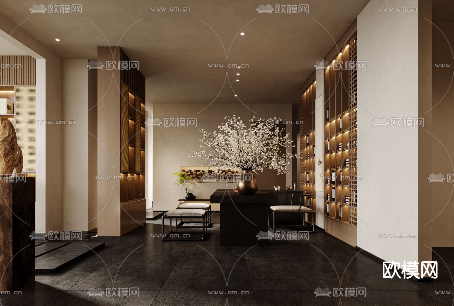 新中式茶楼 茶馆3d模型下载（渲染图2）