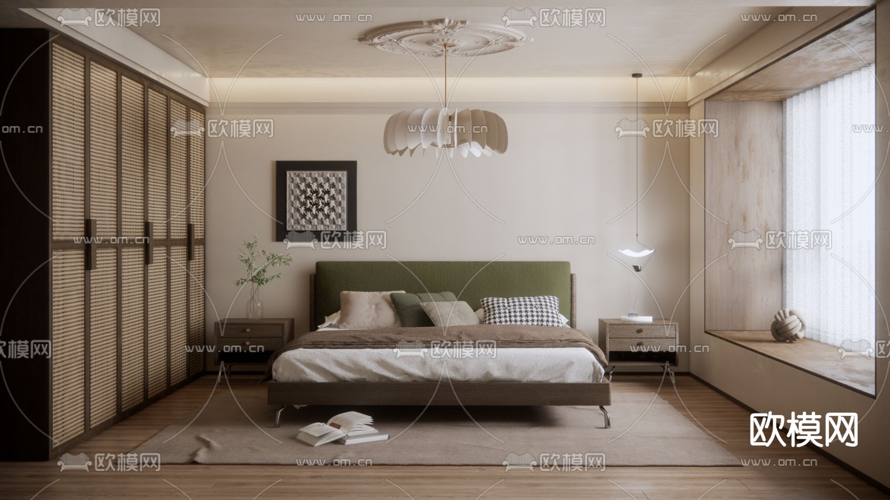 侘寂风卧室 主人房su模型下载（渲染图1）
