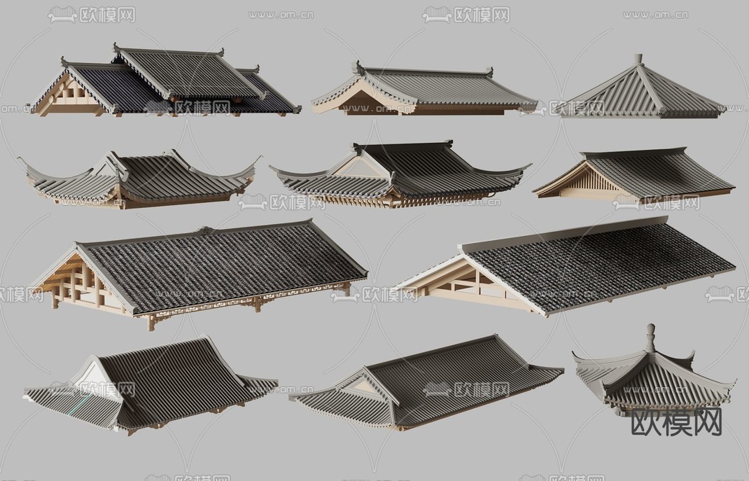 中式屋顶 屋檐 屋脊 瓦片3d模型下载_ID14243071_3dmax免费模型-欧模网