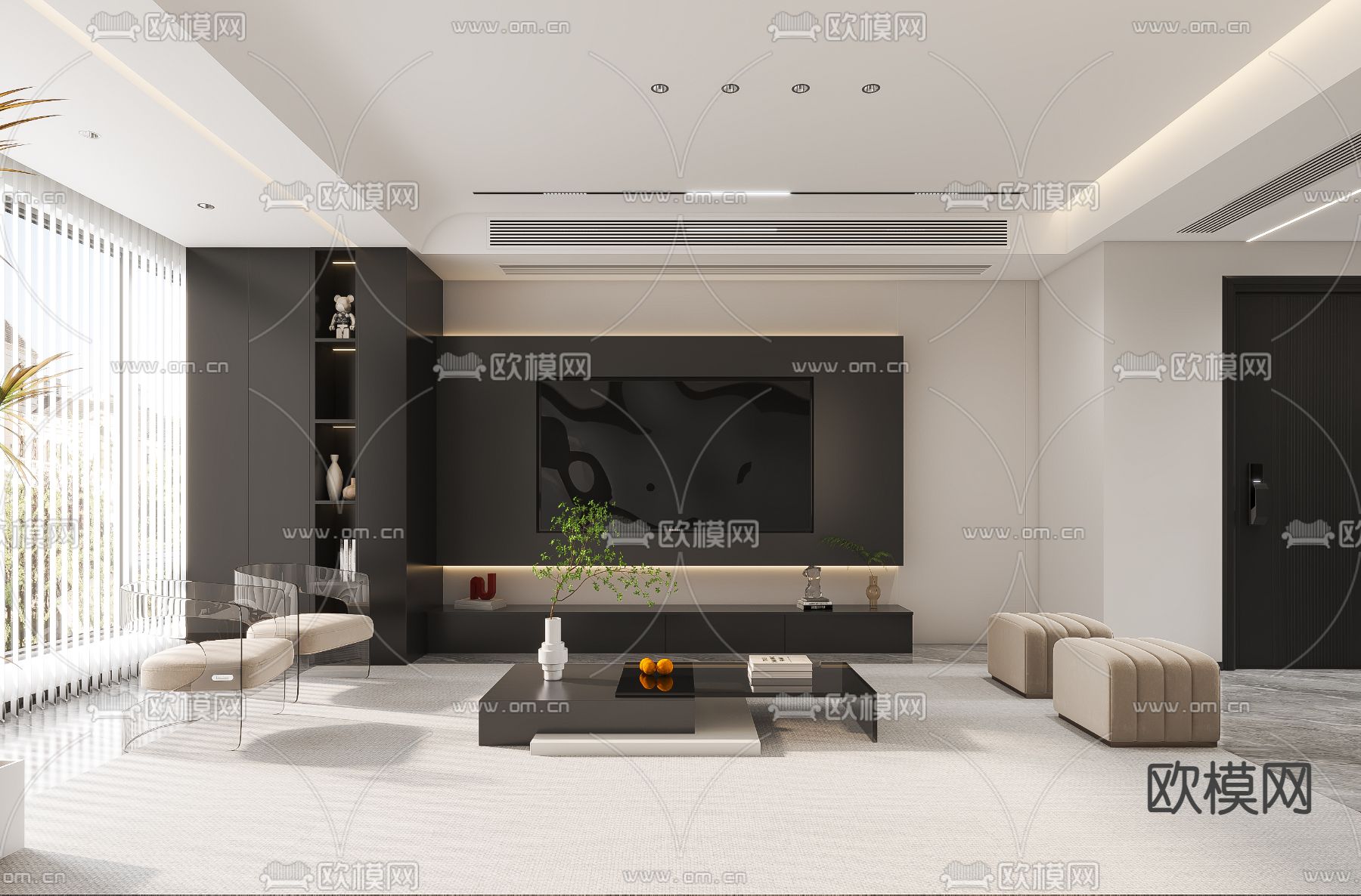 高级灰客餐厅3d模型下载（渲染图1）