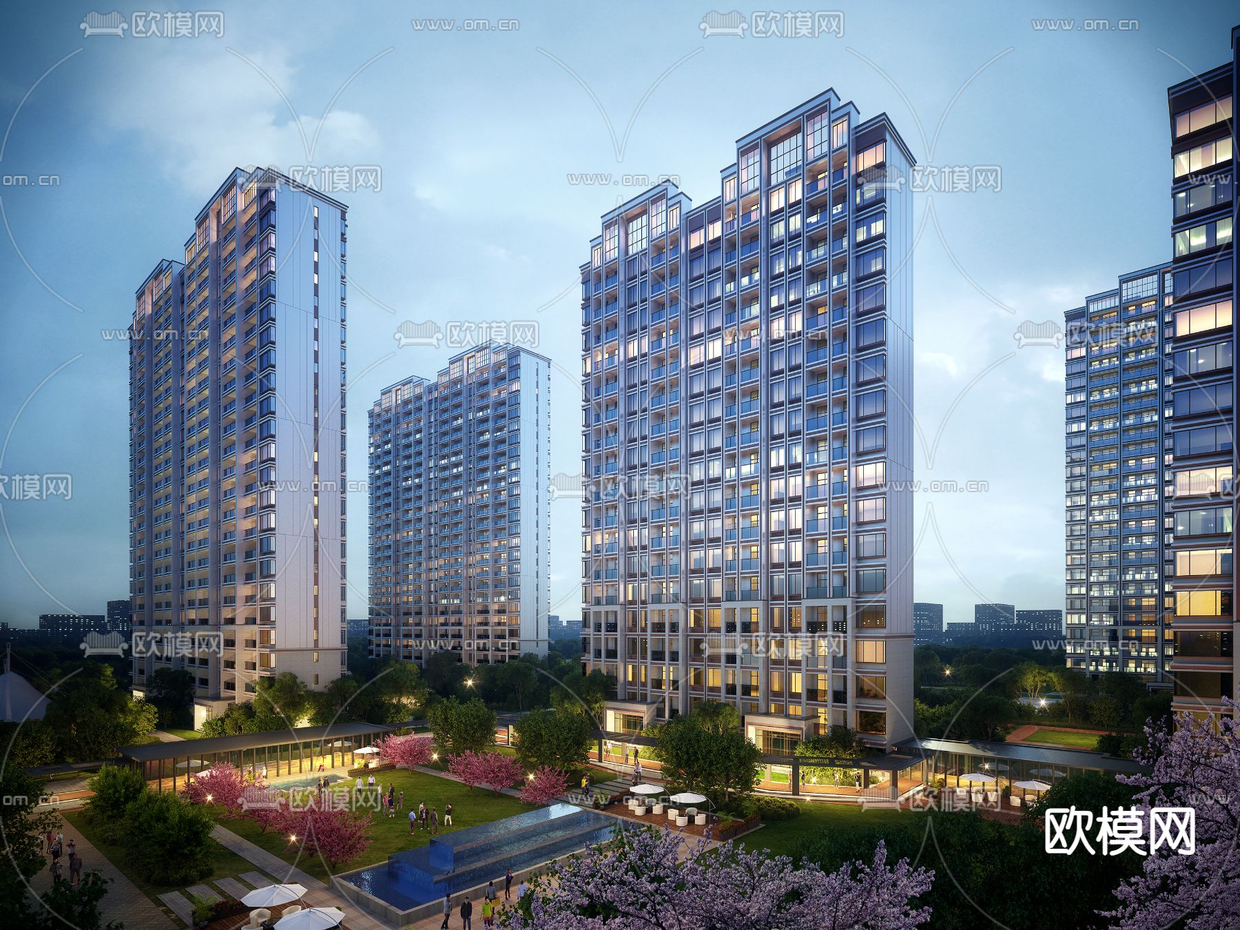 住宅楼外观 夜景3d模型下载