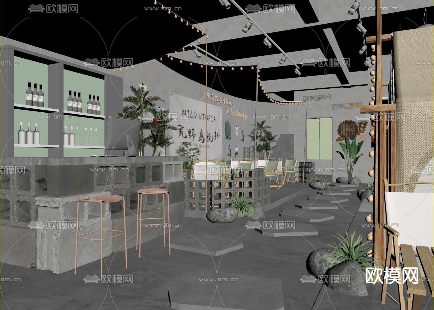 工业露营风烧烤店su模型下载（渲染图2）