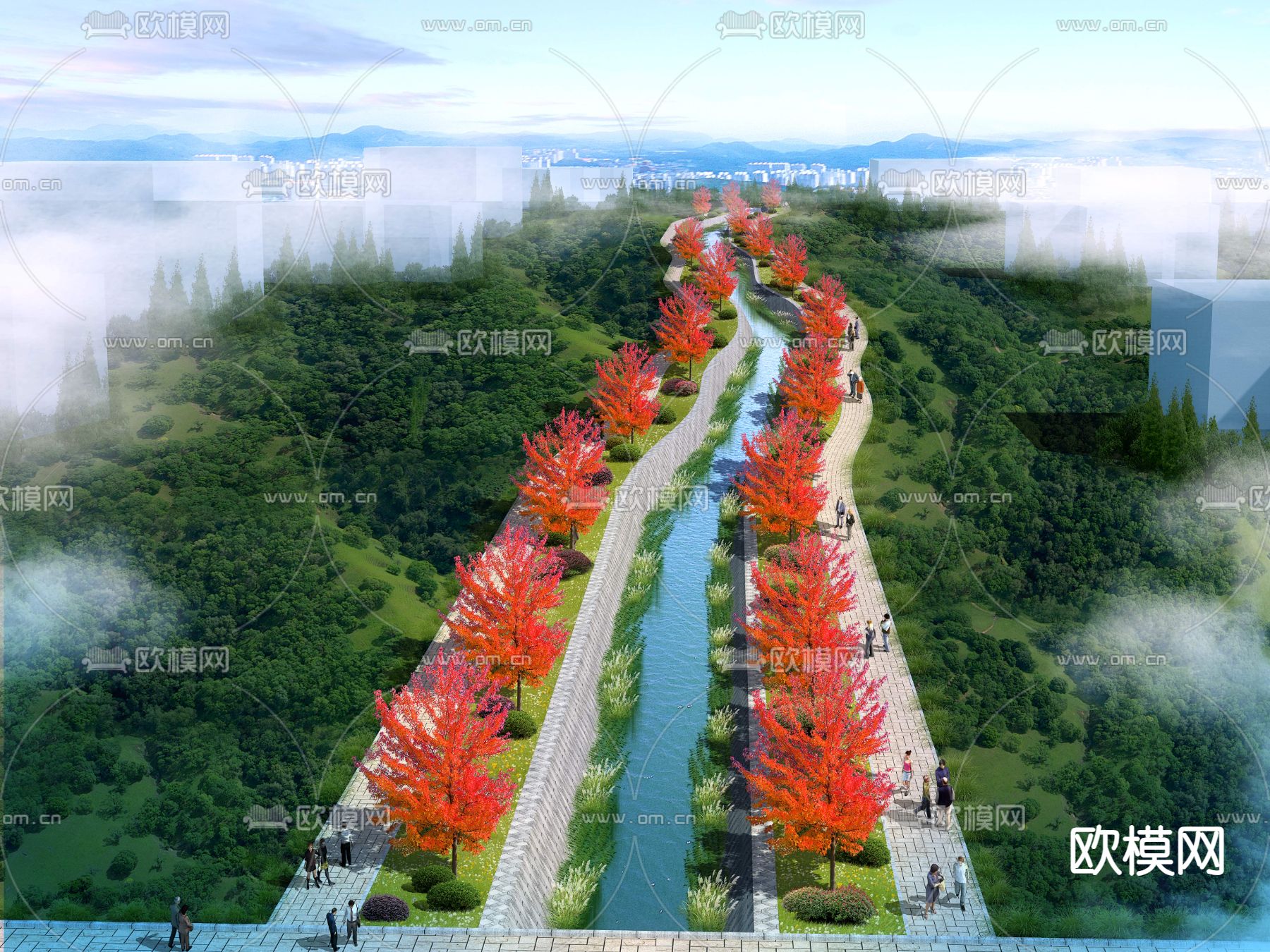 红枫叶街道 河流psd下载