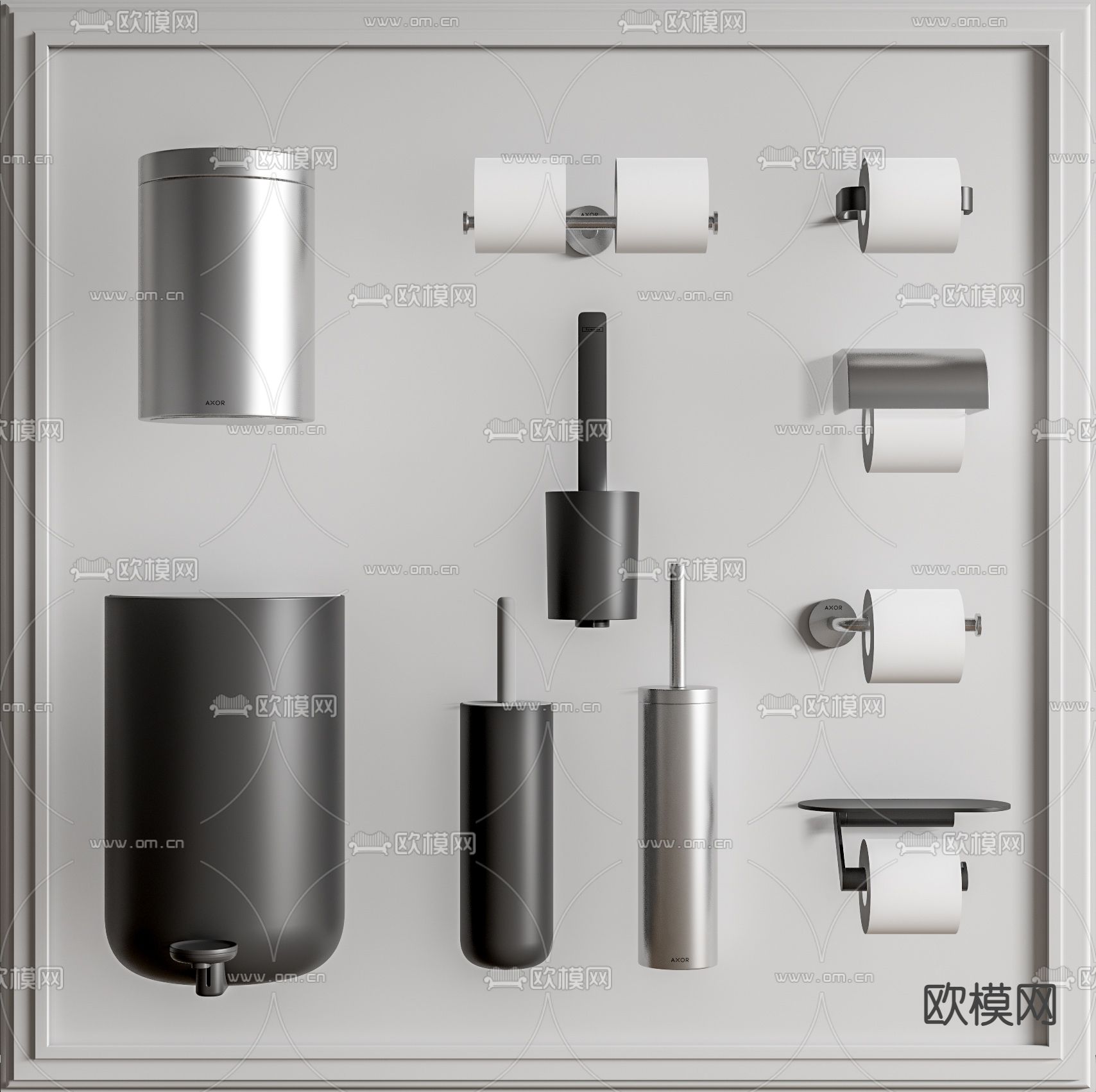 卫浴小件 垃圾桶 马桶刷 纸巾盒3d模型下载