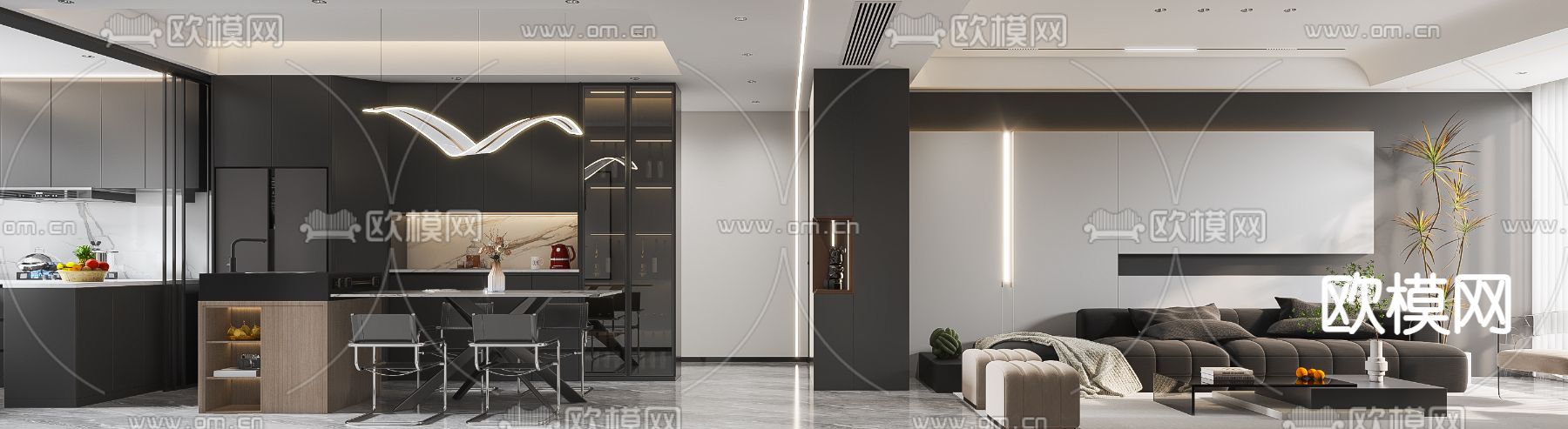 高级灰客餐厅3d模型下载（渲染图4）