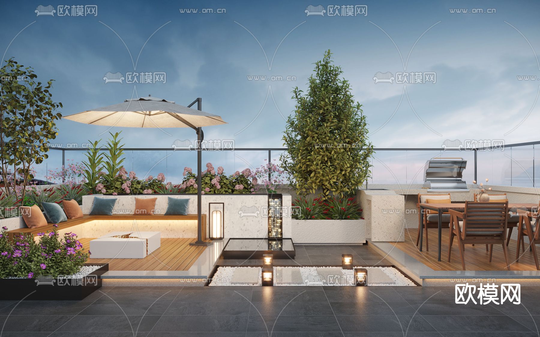 屋顶花园 露台夜景3d模型下载