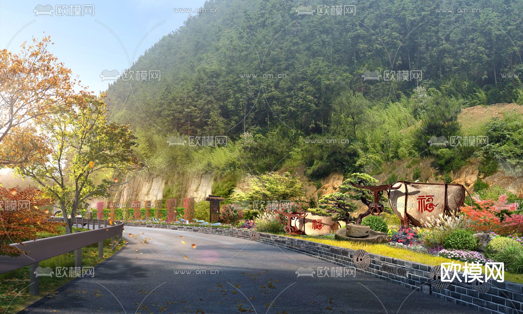 中式民俗小品 乡村公路psd下载