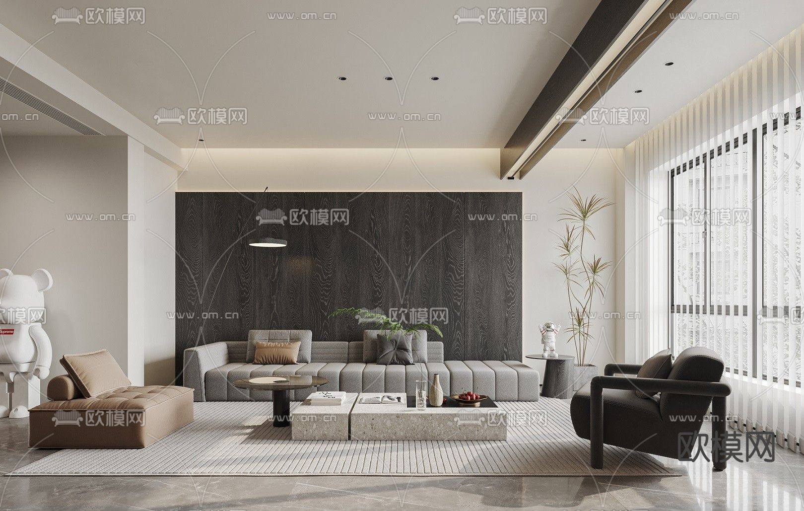 高级灰客餐厅3d模型下载（渲染图1）