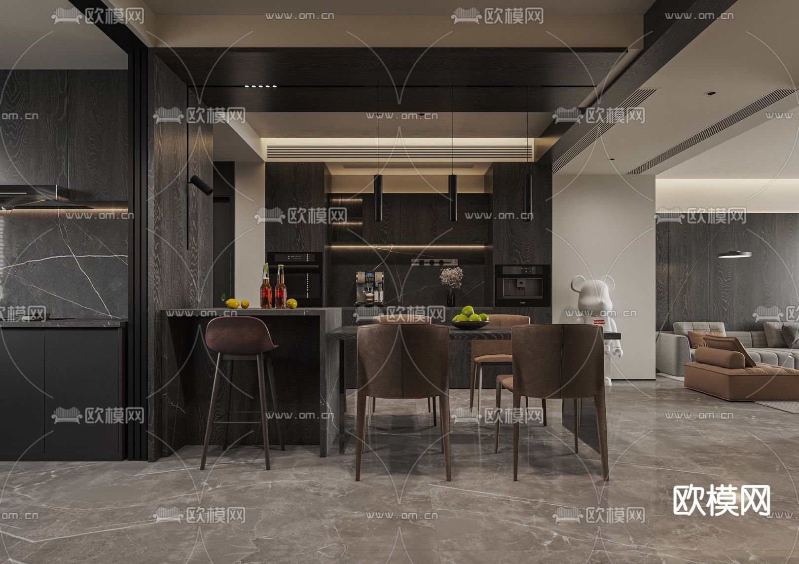 高级灰客餐厅3d模型下载（渲染图2）