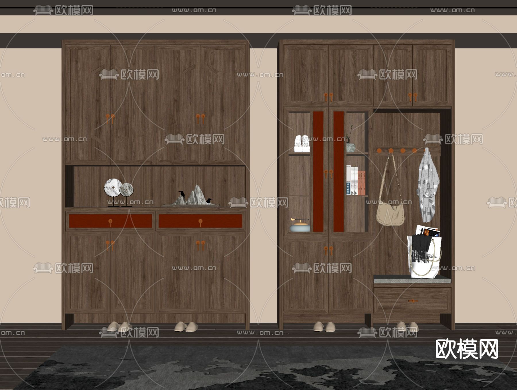 新中式玄关柜 入户鞋柜su模型下载（渲染图2）