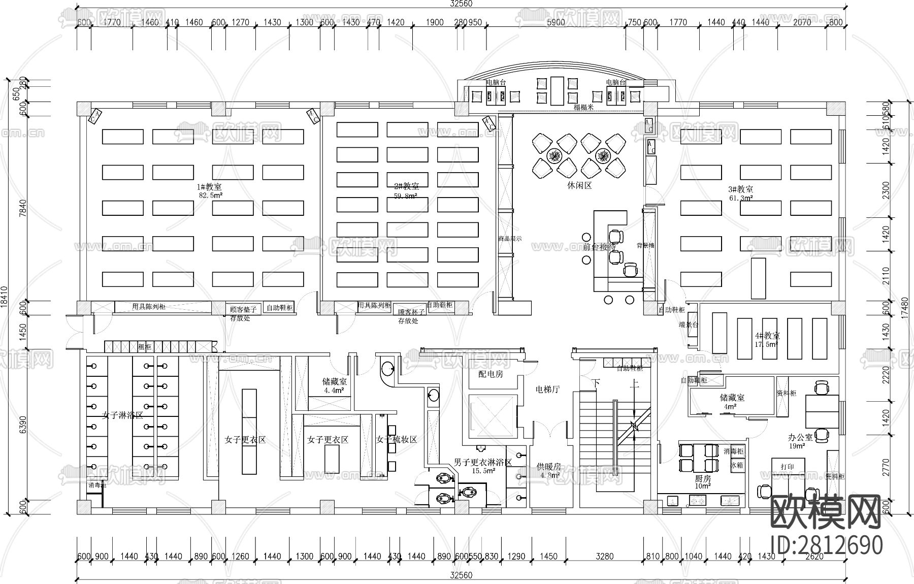 瑜伽会所cad平面布置图下载（渲染图2）