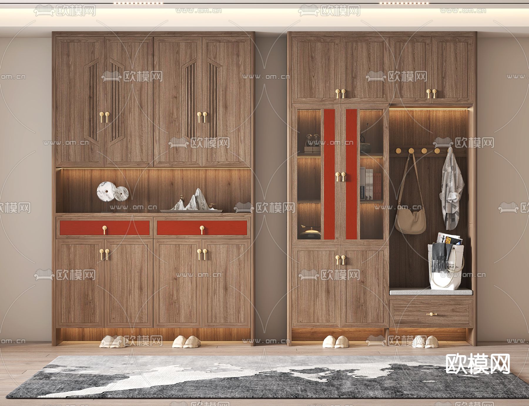 新中式玄关柜 入户鞋柜su模型下载（渲染图1）