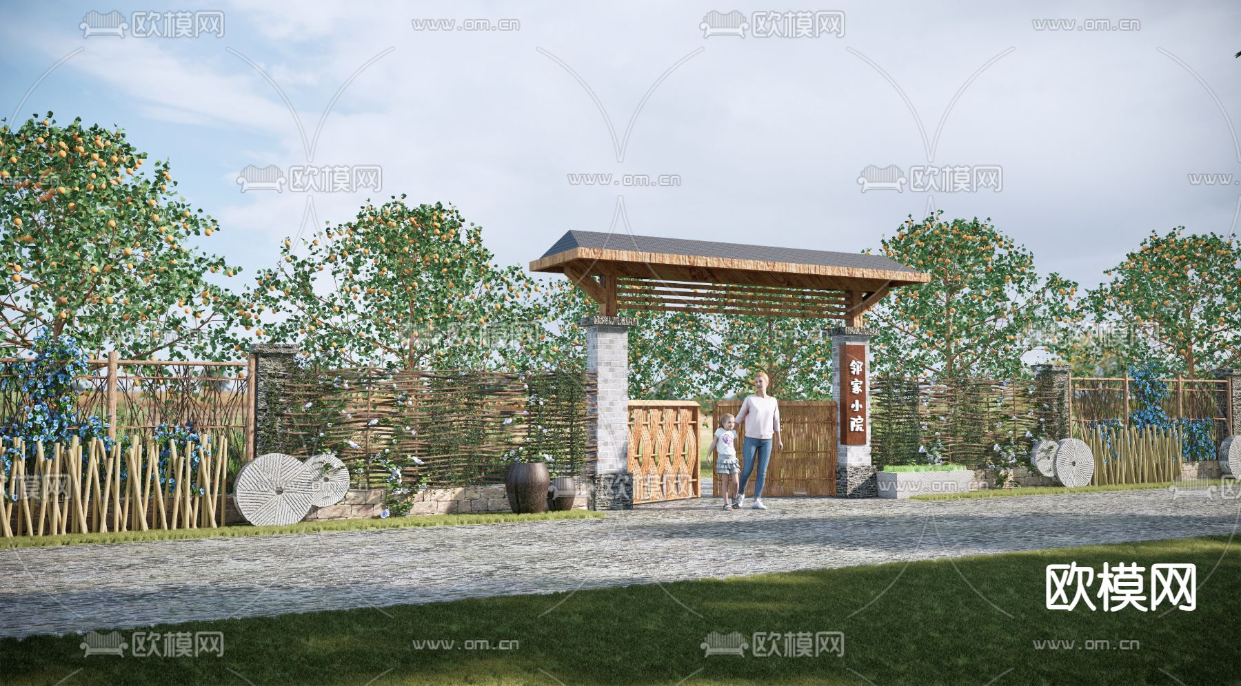 新中式乡村景墙 院墙su模型下载（渲染图1）