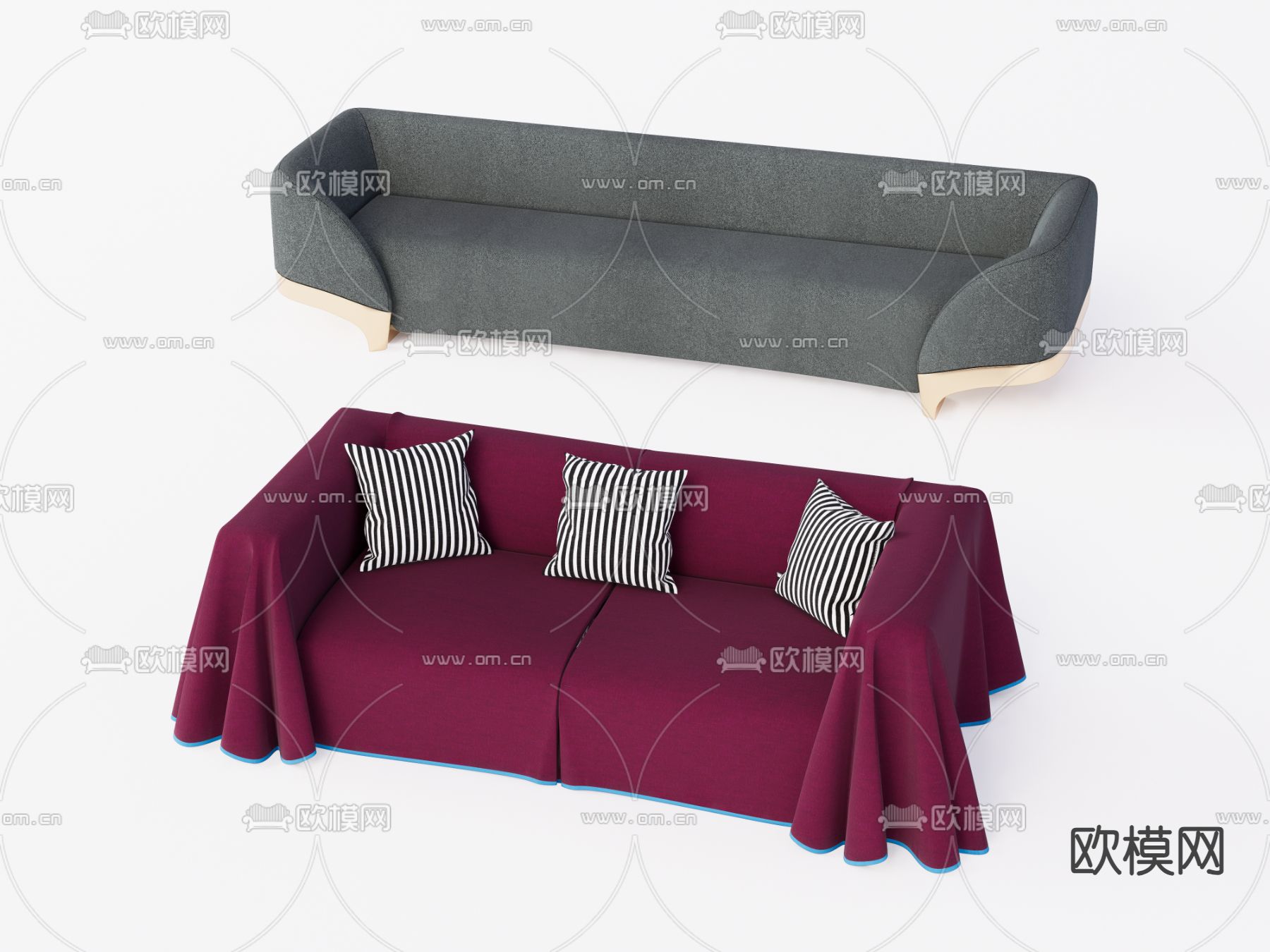 现代多人沙发 布艺沙发su模型下载（渲染图1）