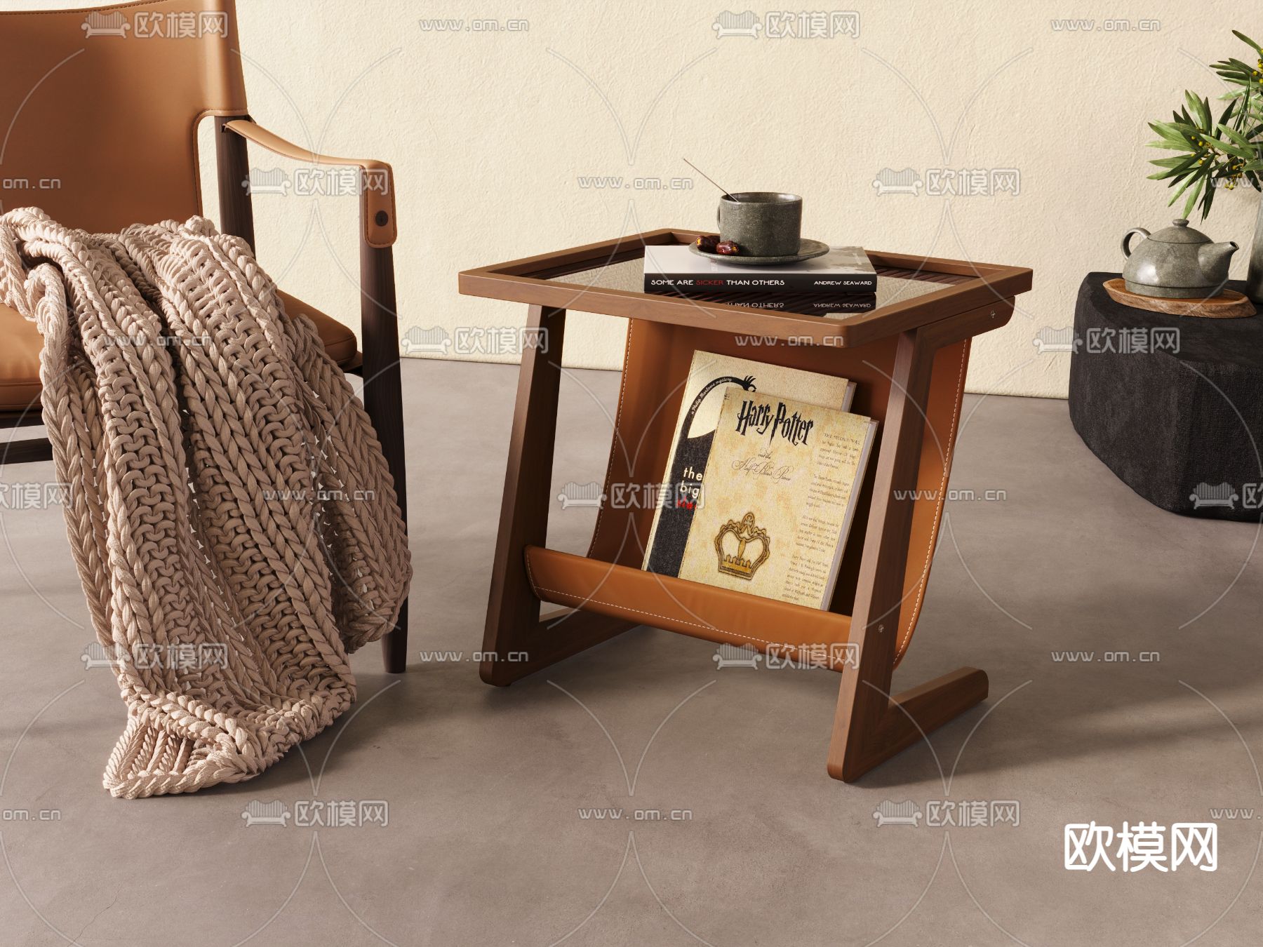 中古风边几 角几 杂志架3d模型下载（渲染图1）