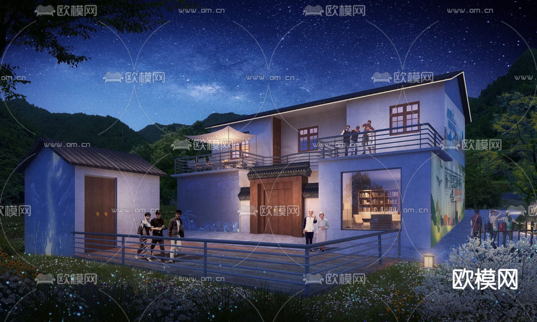 中式民宿夜景psd下载