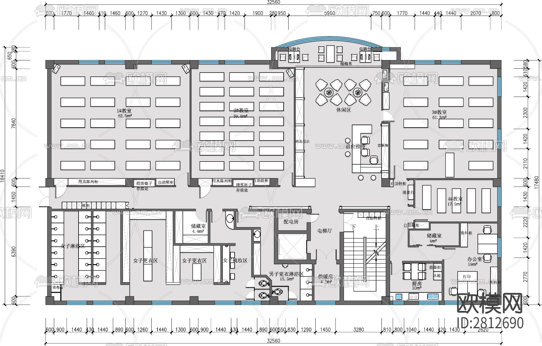 瑜伽会所cad平面布置图下载（渲染图1）