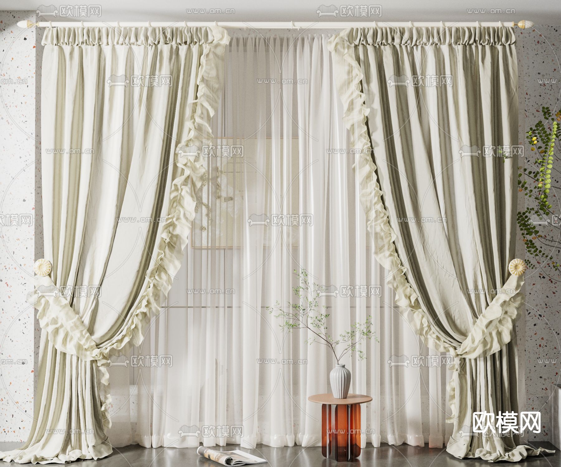 简欧纱窗 窗帘su模型下载（渲染图1）