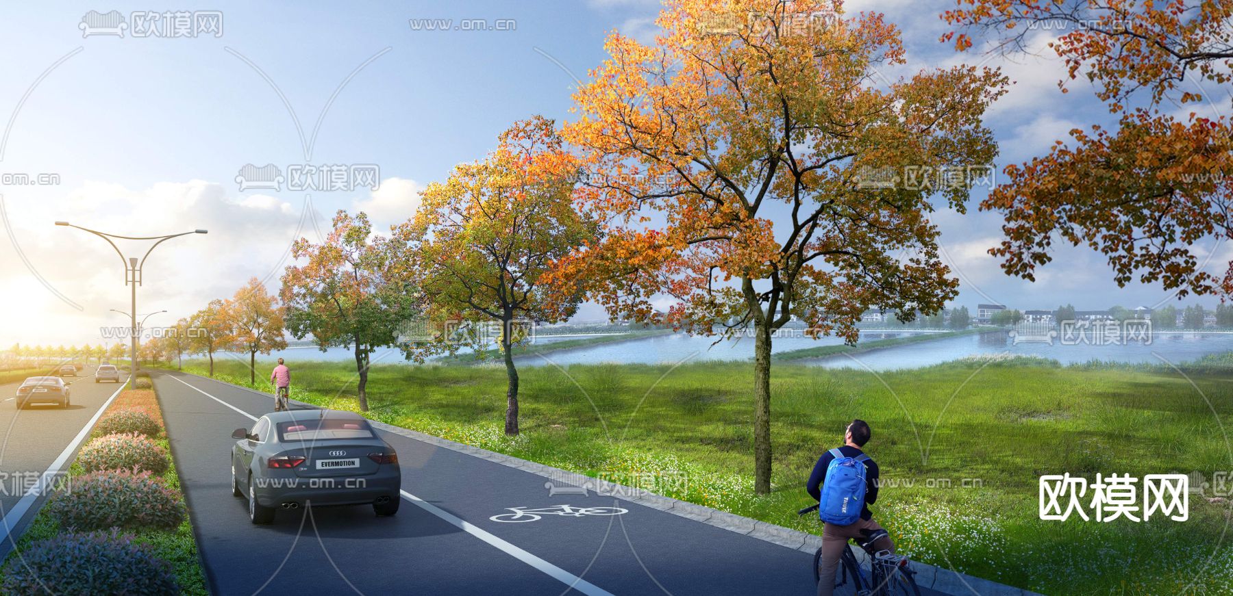 城市道路 绿化带 单车道psd下载