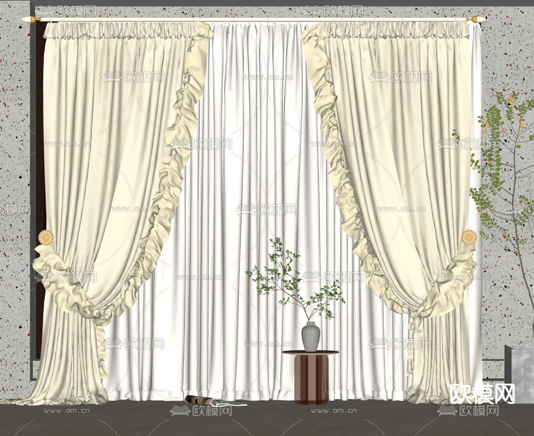 简欧纱窗 窗帘su模型下载（渲染图2）