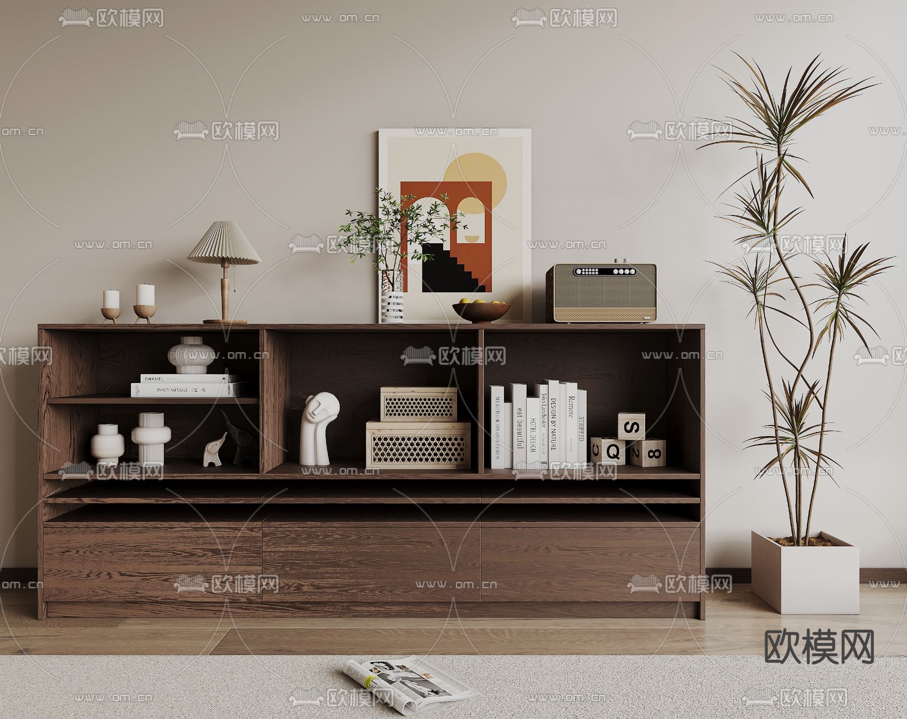 现代落地书柜su模型下载（渲染图1）