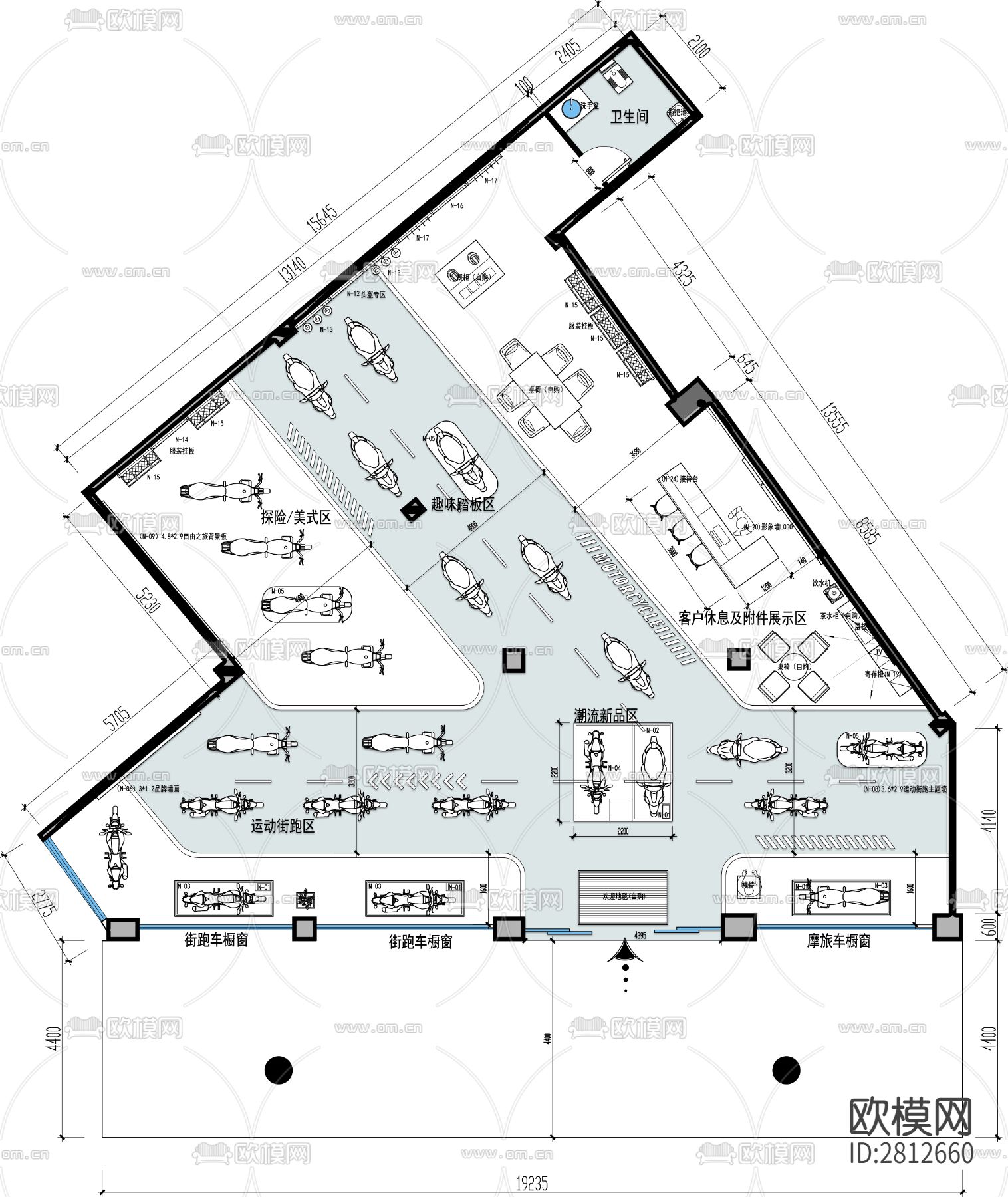 摩托车展厅cad平面布置图下载（渲染图1）
