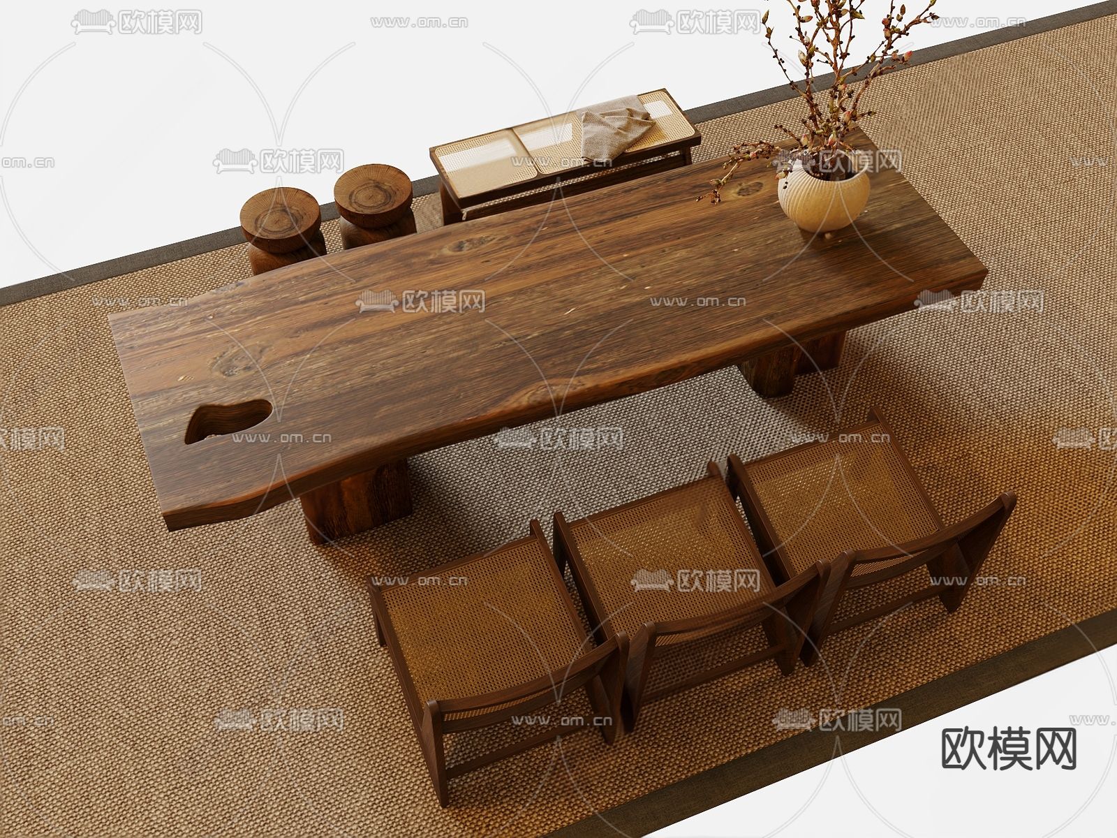 侘寂风茶桌 茶台su模型下载（渲染图1）