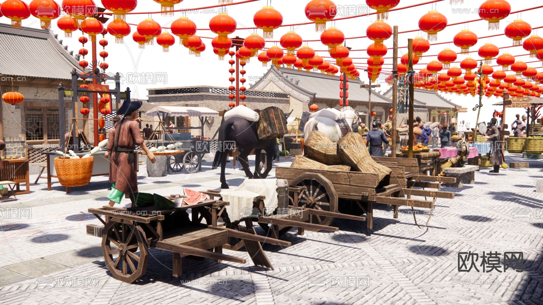 中式摊位 商业街su模型下载（渲染图3）