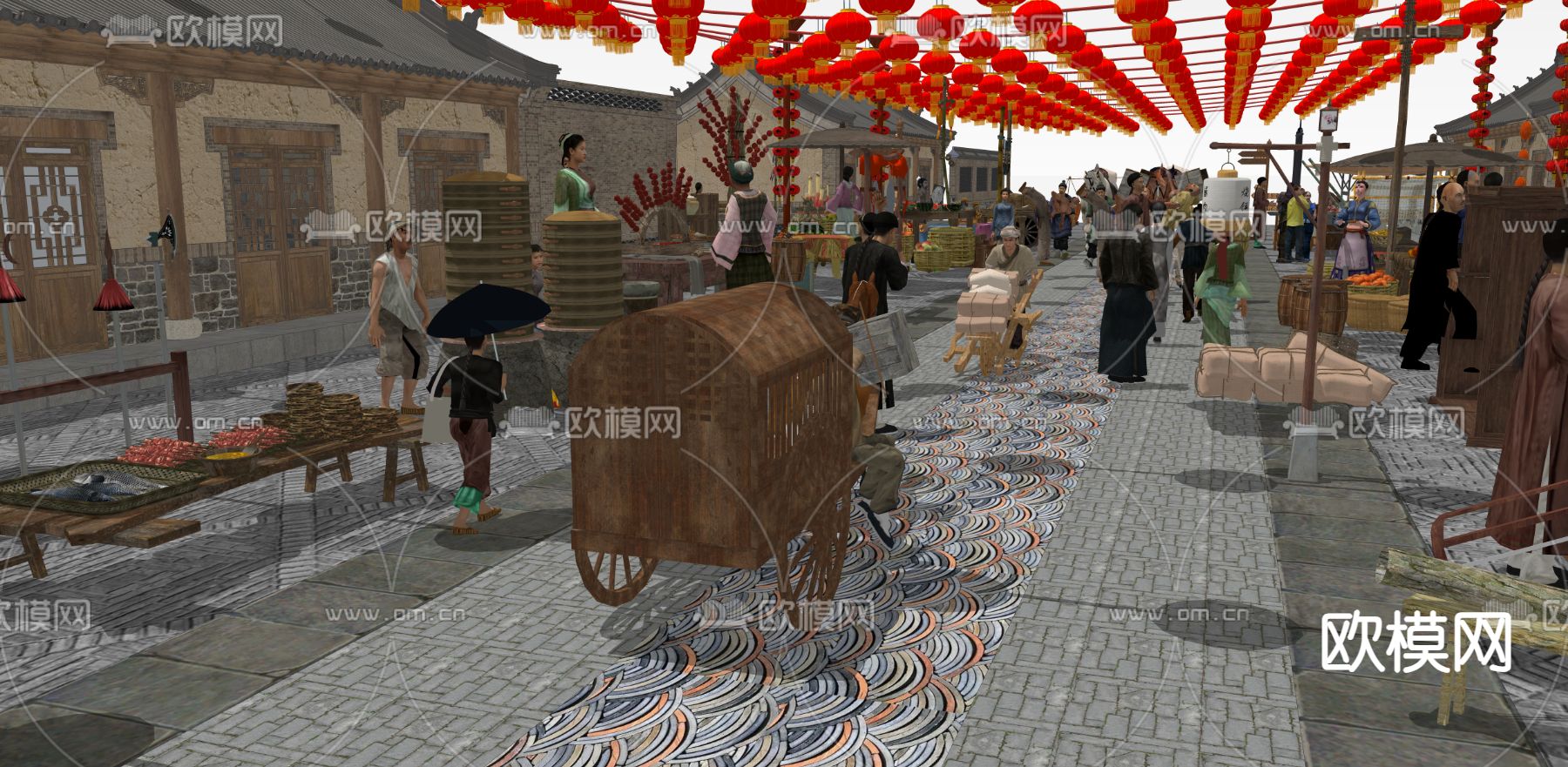 中式摊位 商业街su模型下载（渲染图2）