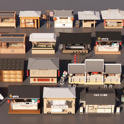  新中式摊位 推车售货摊su模型 