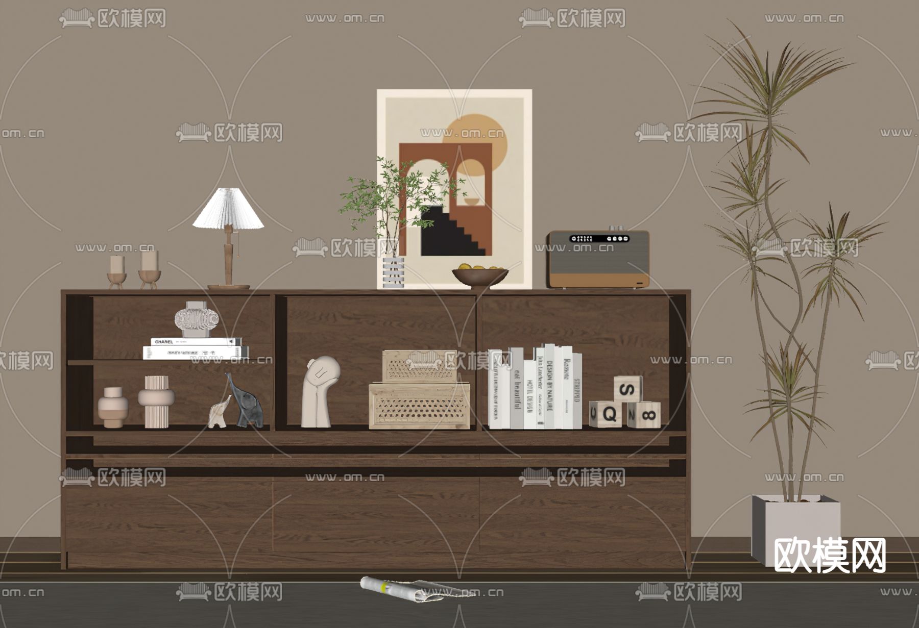 现代落地书柜su模型下载（渲染图3）