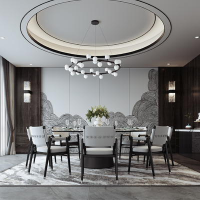  新中式餐厅 包房su模型 