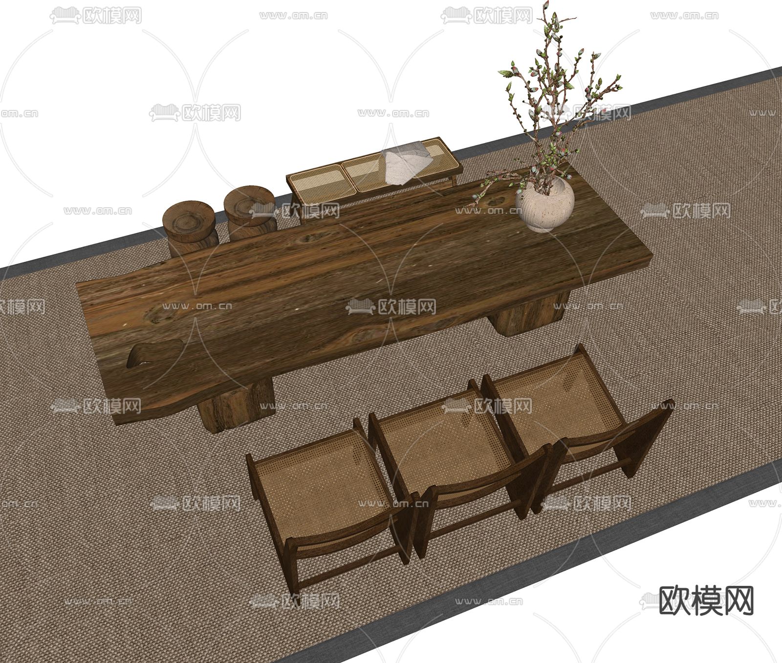 侘寂风茶桌 茶台su模型下载（渲染图2）