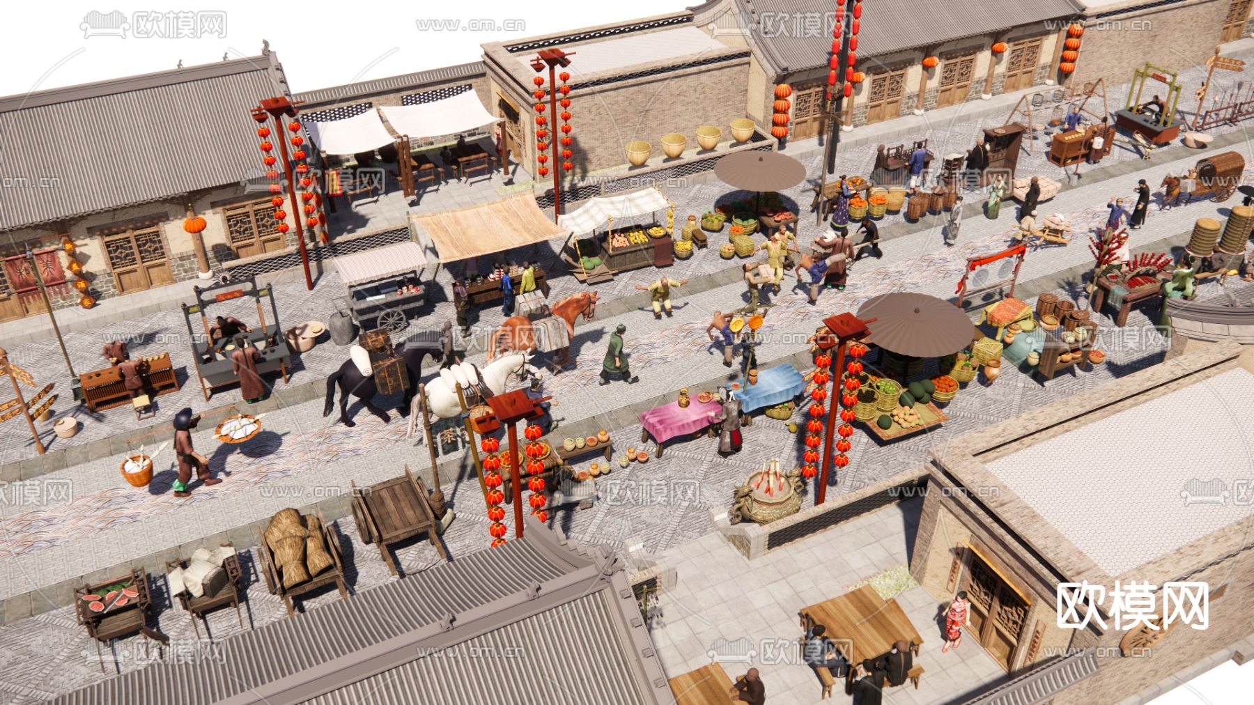 中式摊位 商业街su模型下载（渲染图1）