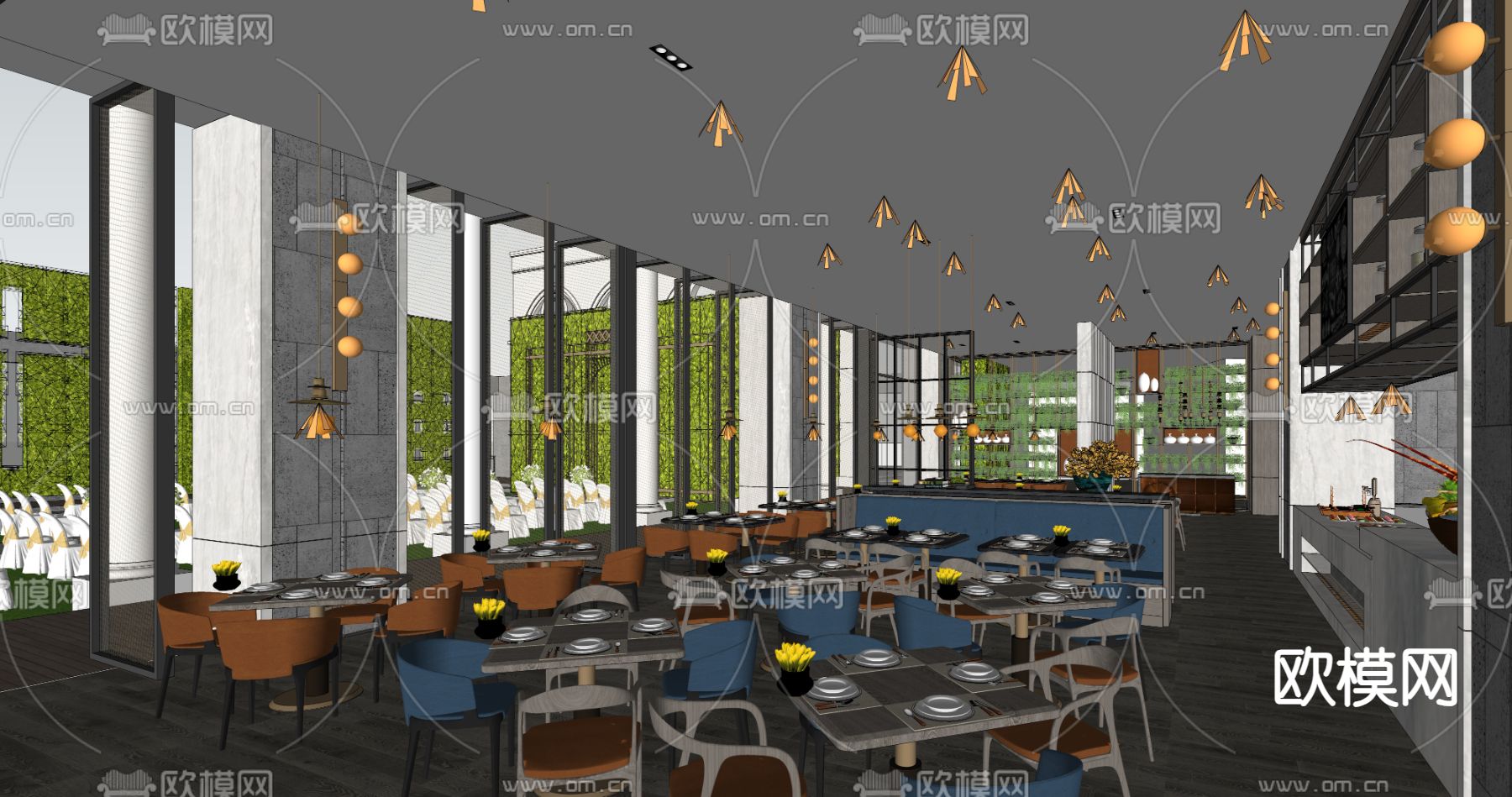 轻奢自助餐厅su模型下载（渲染图2）