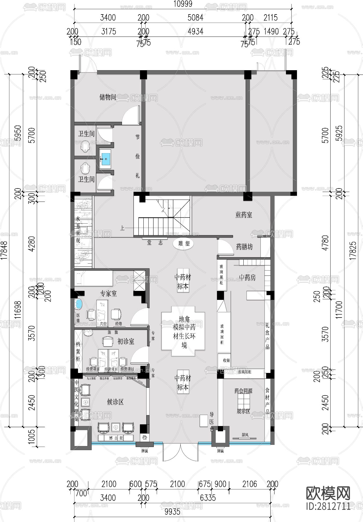 中医诊室cad平面布置图下载（渲染图1）