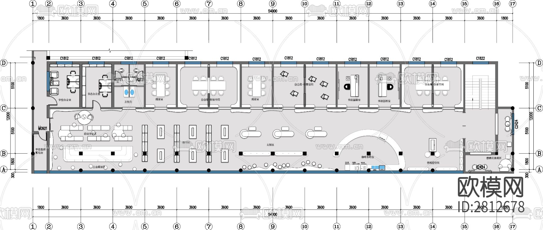 图书馆cad平面布置图下载（渲染图1）