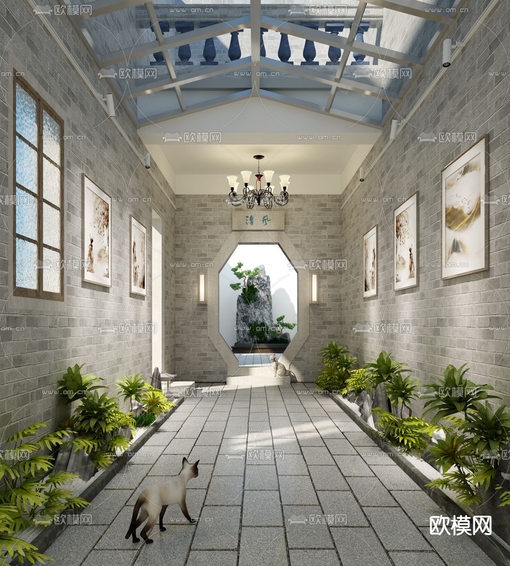 中式会所走廊3d模型下载