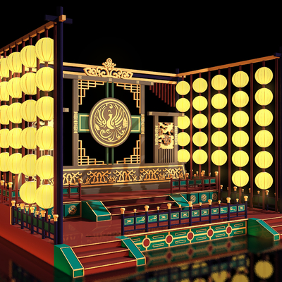  新中式网红美陈 国潮舞台su模型 